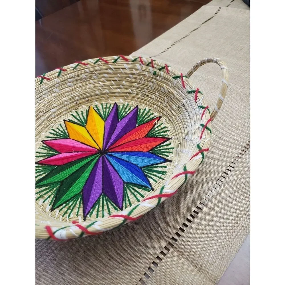 Handwoven Basket With Handles Colorful Embroidered